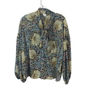 H&M Multicolor Button Front Bow Semi Sheer Floral Blouse Size 10